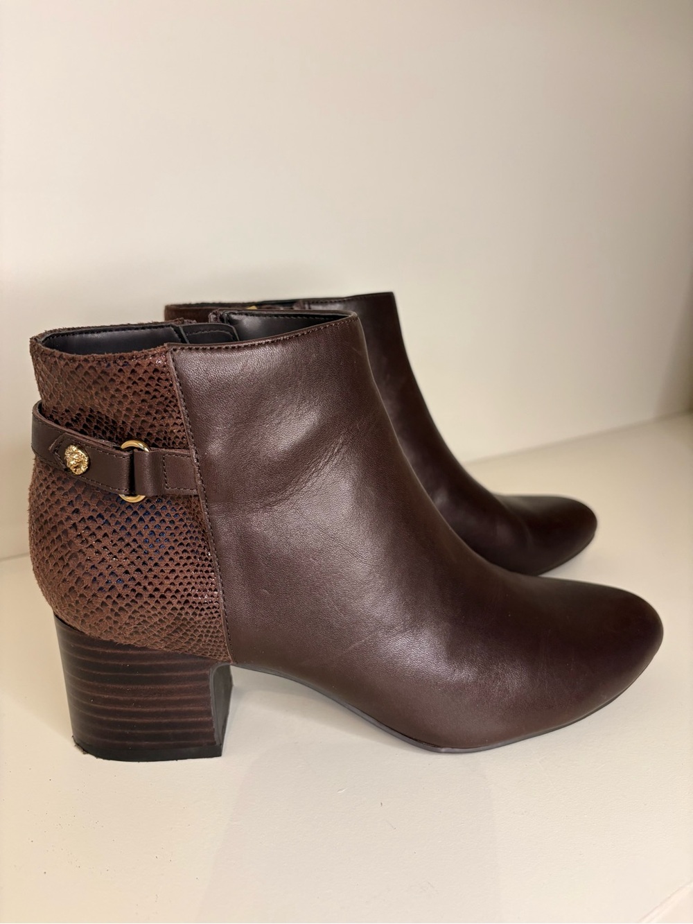 Anne Klein Hilda Ankle Boots in Dark Brown with "Snakeskin" Heels 7 1/2 M